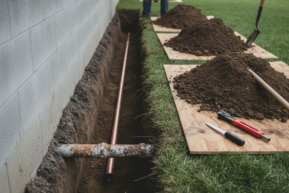 Excavated water line trench during Water Heater Repair in Cornville